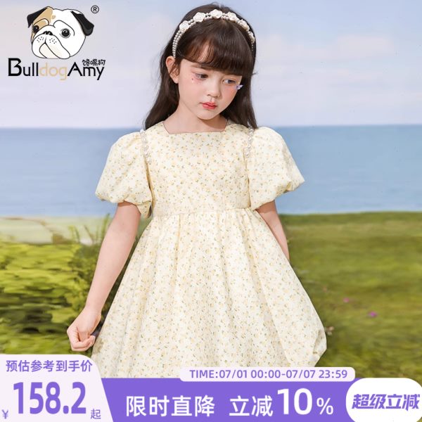 女童小碎花连衣裙2025夏季新款洋气儿童法式方领珍珠泡泡袖公主裙