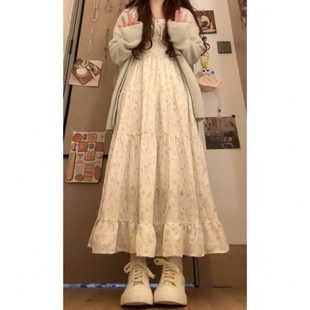 外套 韩系学院风甜美软糯系带针织开衫 碎花吊带连衣裙两件套穿搭