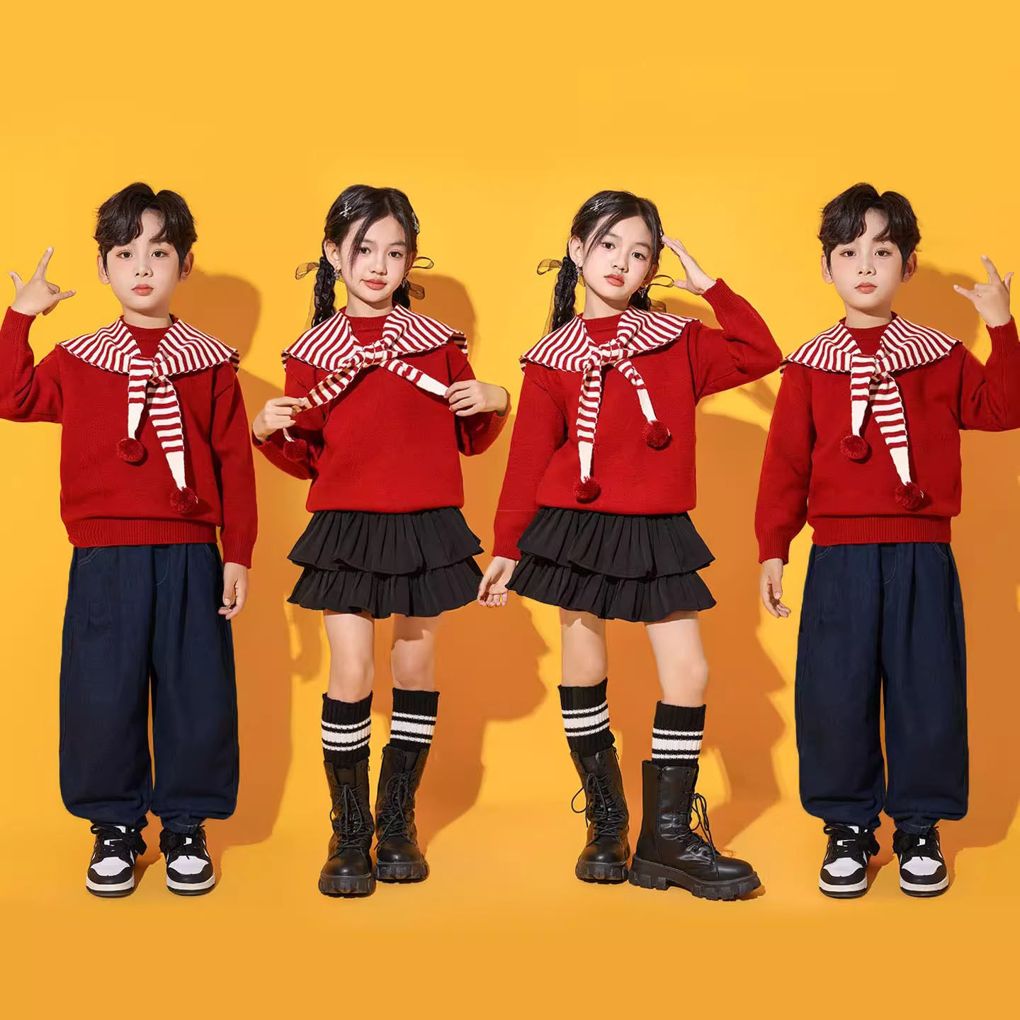 新年儿童合唱演出服红色毛衣套装