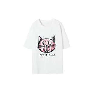 白色圆领宽松T恤W23AA7966 猫猫头亲子装