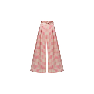 W24AU1006 双对褶本布腰带宽松阔腿裤 粉粉千鸟格腔调西裤