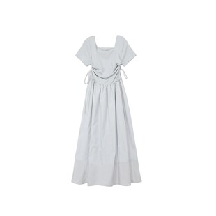 双面平纹全棉洗水方领抽腰连衣裙W23AZ1066 茶歇赫本裙 法式