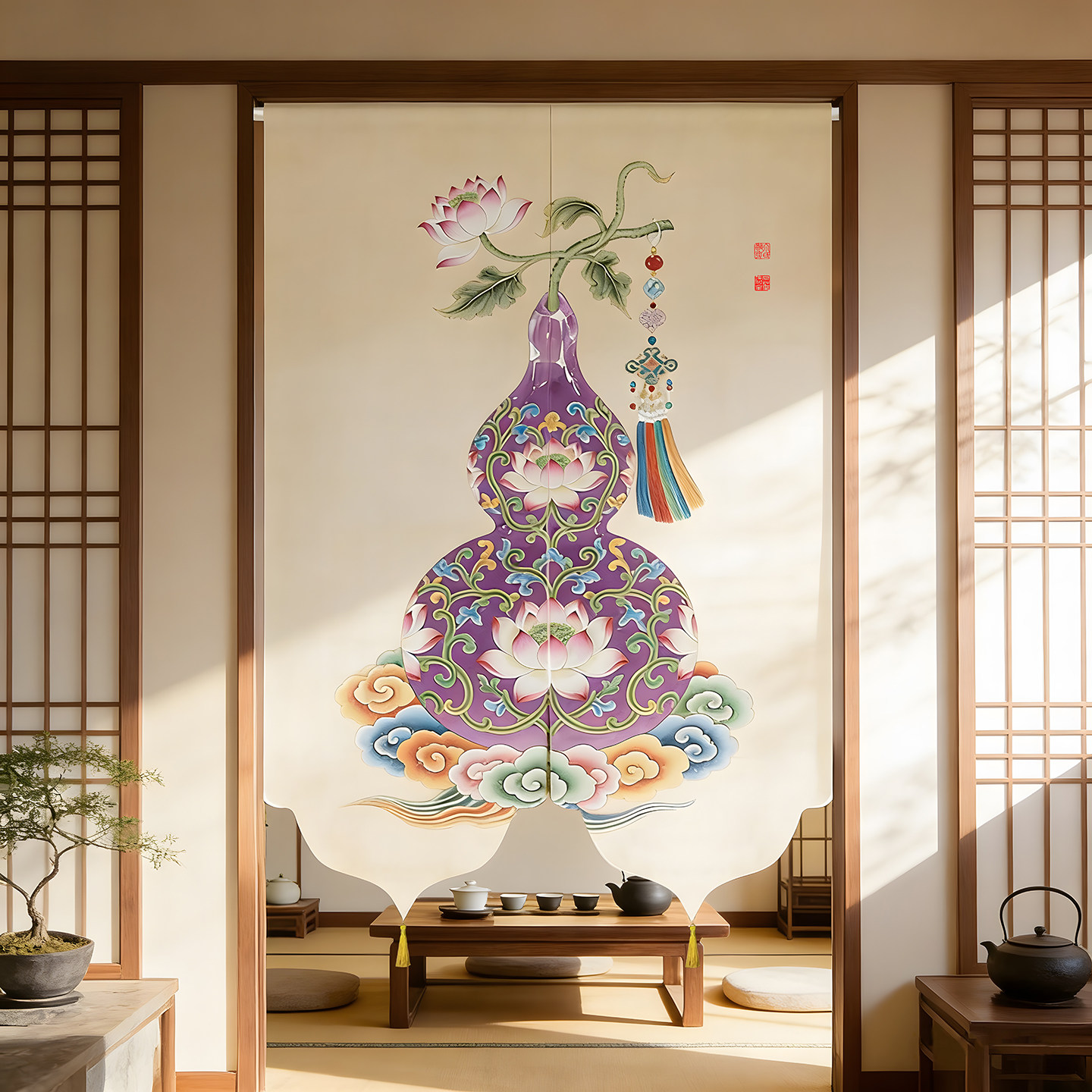 中式门帘隔断帘厕所卫生间对门化解家用卧室厨房遮挡半截式布帘子图片