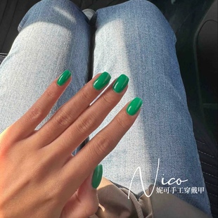 妮可NAIL 欧美夏日bv绿简约纯色美甲成品纯手工穿戴甲贴片假指甲