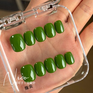 妮可NAIL ins风甲片绿色系纯手工纯色穿戴甲成品 显白简约短款