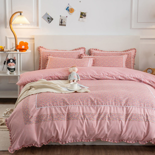 韩版 精品轻奢风新款 欧彩棉小碎花拼角四件套洗水棉纯色花边被套小