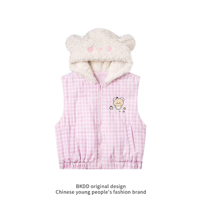 BKDD原创轻松熊立耳连帽格子棉服马甲女2025秋冬新款可爱百搭外套