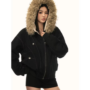 Aaisup美式重磅座山雕连帽毛领棉服女秋冬加绒加厚派克服棉衣外套