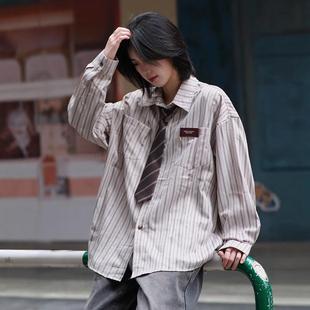 Ja1从不熬夜 日系复古港风条纹衬衫女长袖少年感中性宽松上衣男