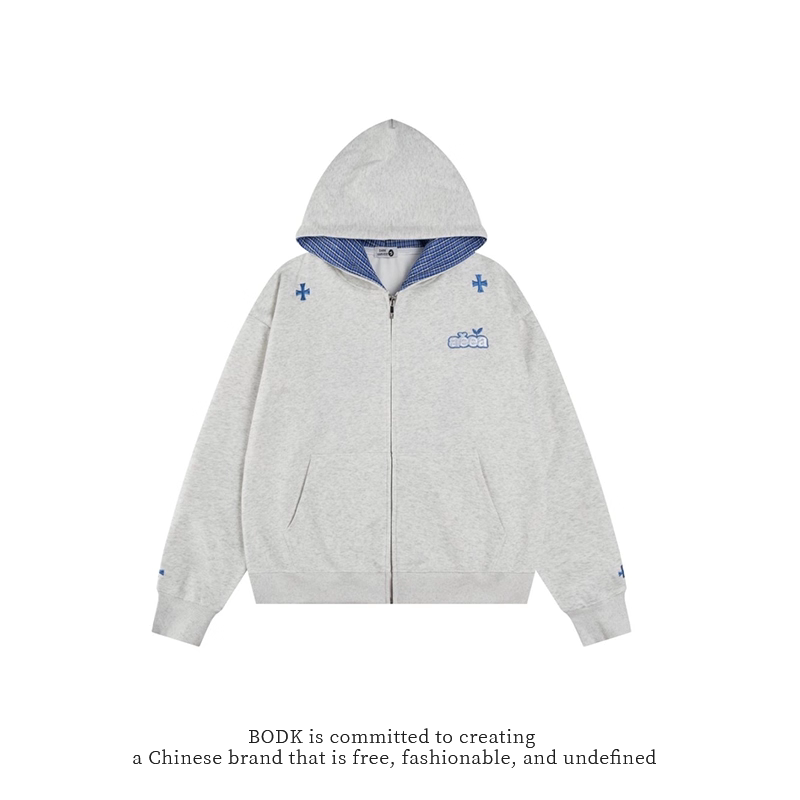 BODK美式高街撞色拼接格子连帽卫衣男女秋冬情侣刺绣字母宽松外套