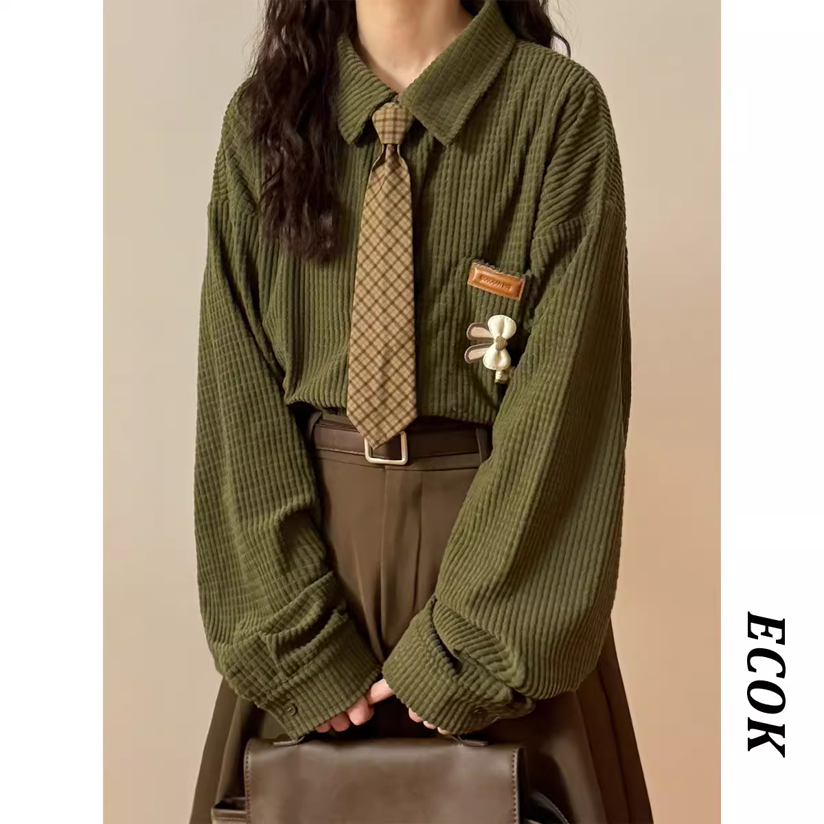 UATONLINE2025秋季日系复古华夫格宽松长袖衬衫上衣女（配领带）