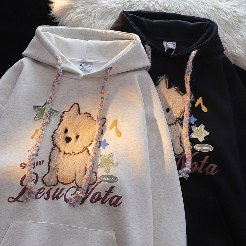 毛绒绒可爱小狗连帽卫衣女秋冬季学院风宽松情侣装外套上衣加绒厚