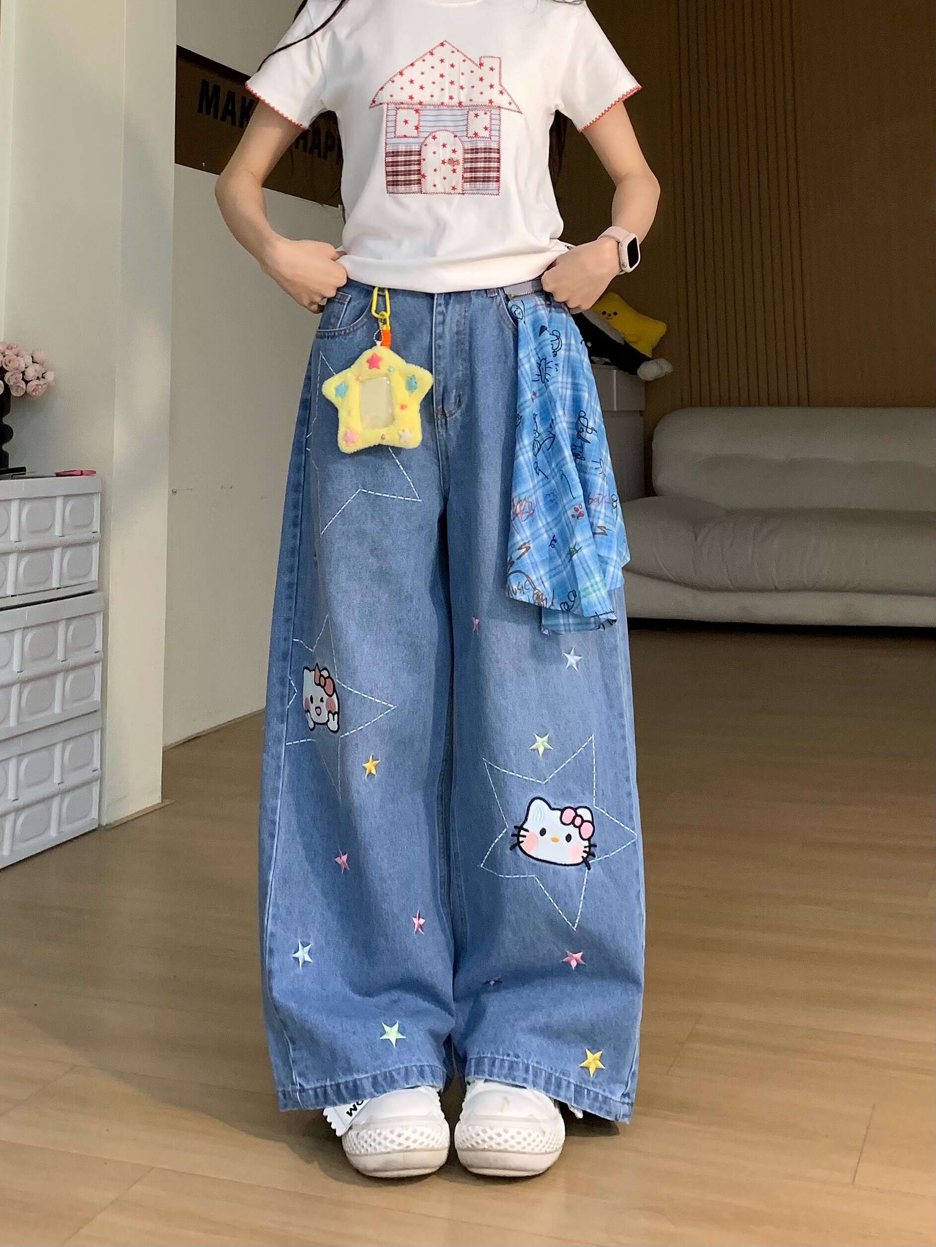 做梦特长生 美式复古卡通刺绣牛仔裤女小众设计感宽松阔腿长裤