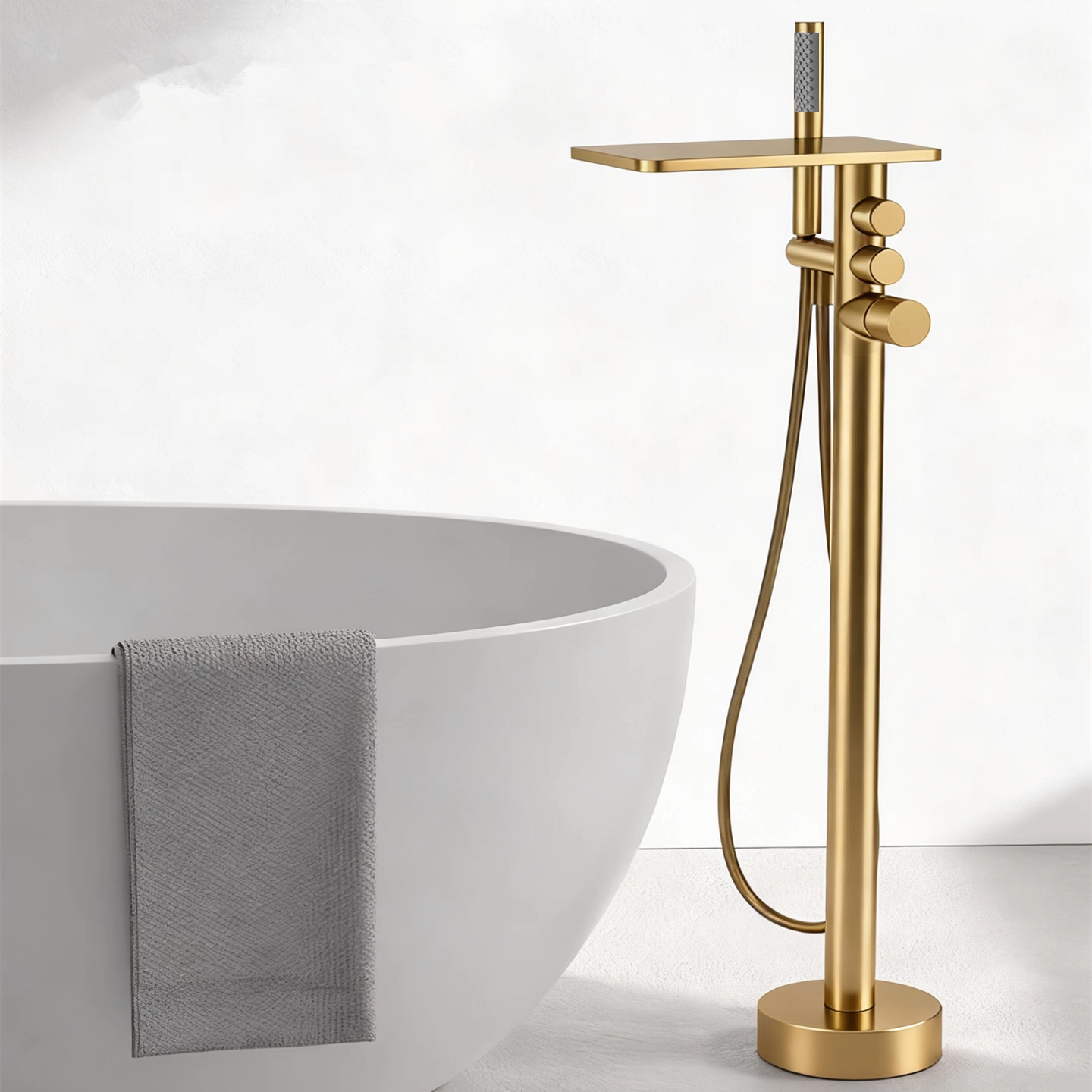 意大利极简拉丝镍大流量瀑布独立式缸边落地浴缸淋浴龙头全铜冷热