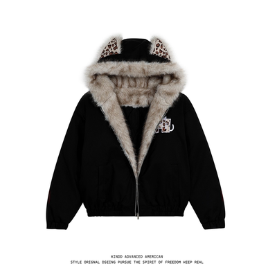 KINDD复古豹纹猫爪刺绣毛领连帽男女冬新款情侣宽松外套加绒棉服