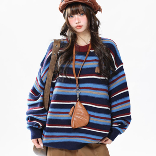 酒酿丸子ALOHA 复古港风慵懒松弛感日系条纹毛衣秋冬情侣装针织衫