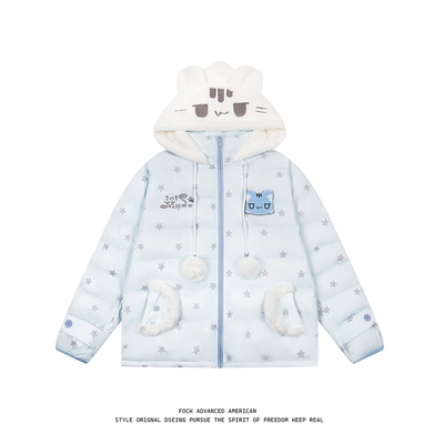 FOCK原创猫咪魔术贴满印星星排骨棉服秋冬小个子连帽加厚刺绣外套