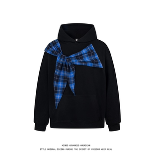 KINDD美式复古蝴蝶结格子绑带连帽卫衣秋季男女情侣宽松百搭上衣