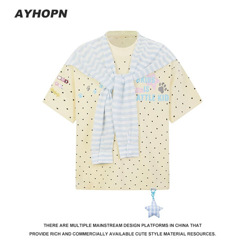 AYHOPN 星星满印条纹披肩短袖T恤女2026新款夏季宽松百搭情侣上衣