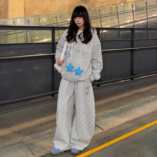 SREK春季新款日系星星满印连帽卫衣女宽松拉链外套休闲运动风套装