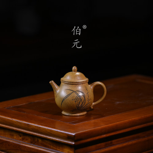 伯元中式紫砂刻绘幽兰高潘