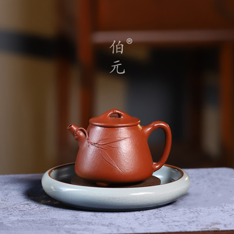 宜兴紫砂壶原矿朱泥纯手工贴竹叶高石瓢150ML中式泡茶壶茶具礼品