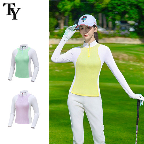 TY高尔夫女长袖T恤撞色拉链立领