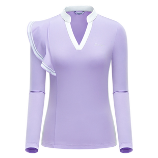 高尔夫服装 女士长袖T恤衫 V立领修身显瘦春夏运动球服上衣 紫色