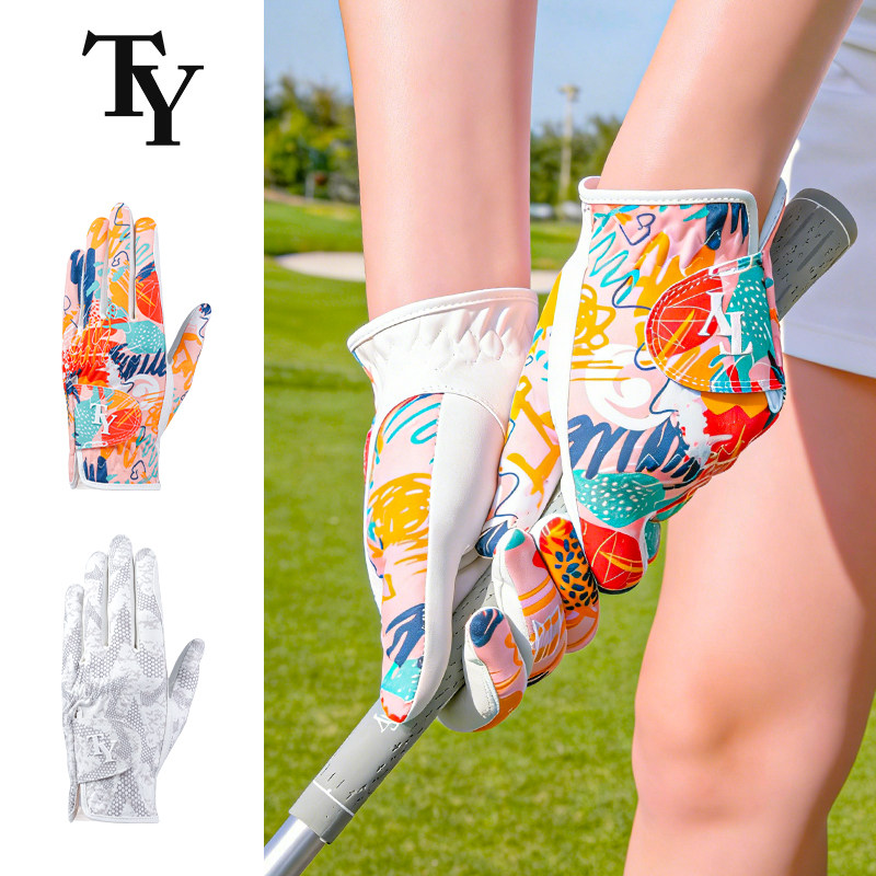 高尔夫手套女民族风涂鸦印花透气防滑运动超纤布手套左右手一双装