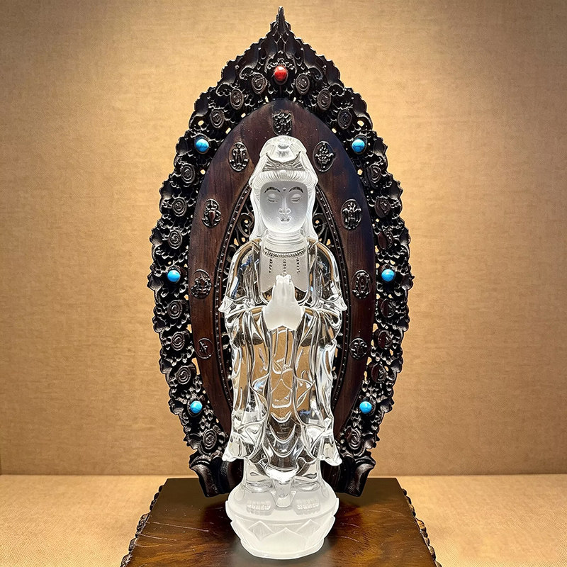 天然白水晶合掌观音菩萨摆件实木底座居家供奉原石雕刻佛像收藏品
