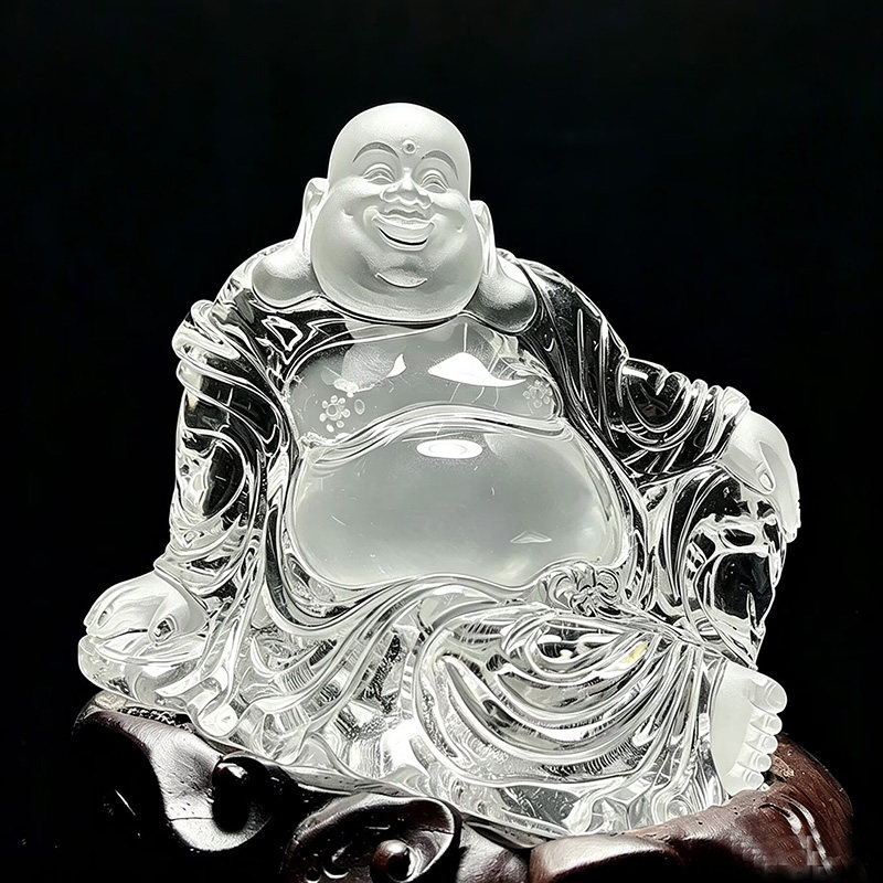 天然白水晶弥勒佛摆件大肚笑佛寓意招财办公室原石雕刻水晶佛像