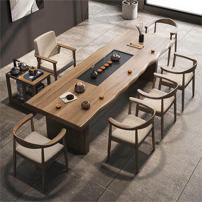 新中式实木大板茶台喝茶桌椅组合一桌五椅现代简约办公室家用功夫
