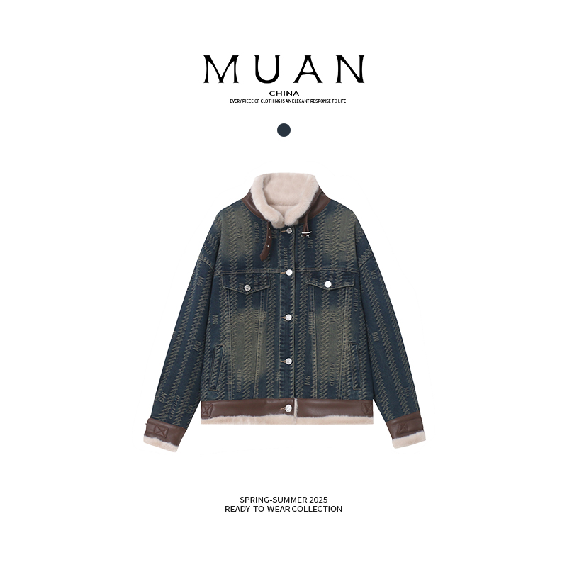 木岸muan定制防风宽松牛仔机车服加绒加厚百搭保暖外套女DG-23136