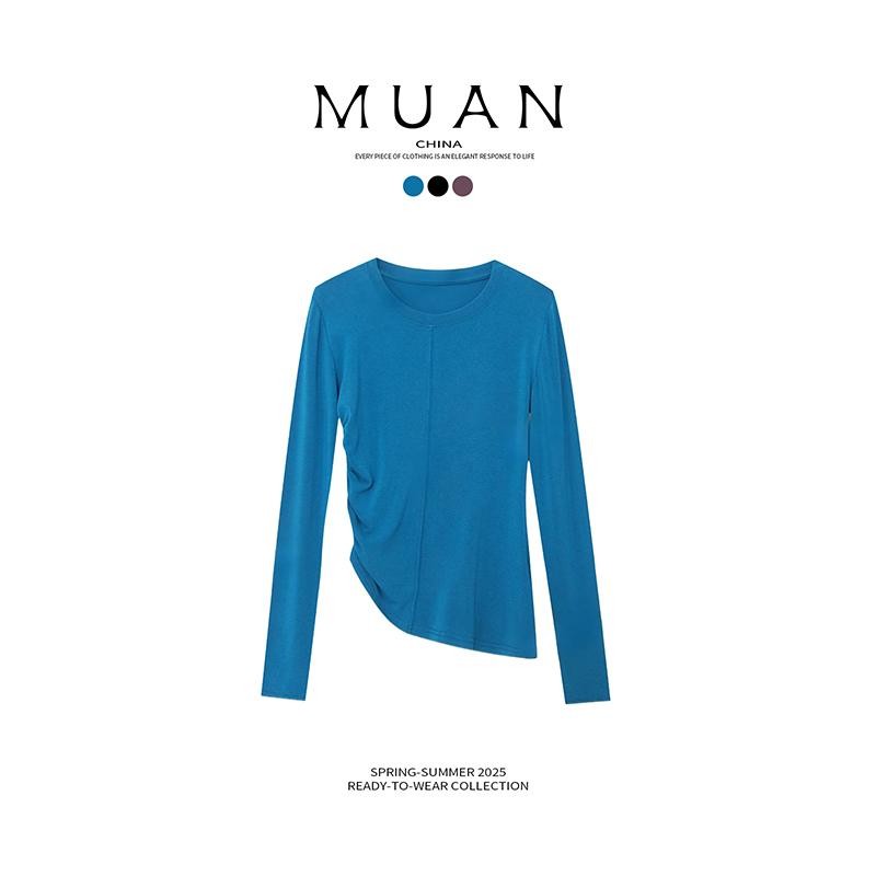 木岸圆领T恤25秋冬新款设计感抽褶修身弹力长袖打底衫女DG3-8898