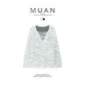 镂空女长袖 木岸新款 480克高级质感气质V领网纱宽松针织衫 上衣076