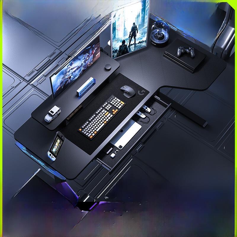 卧室I型转角电动电竞可升降桌灯光家用带键盘托带抽屉拐角电脑桌