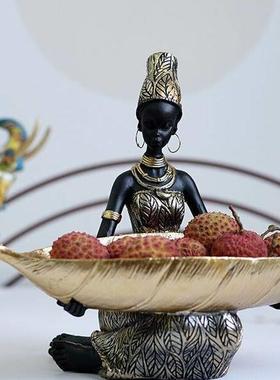 非洲女人黑人水果盘树脂收纳摆件家居客厅泰式桌面风格托盘礼物