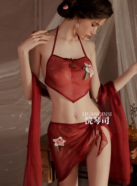 国潮性感睡衣女轻纱披肩肚兜蕾丝系带汉服纯欲套装新中式国风睡裙