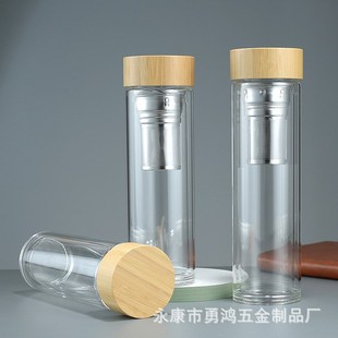 x加厚底隔热礼品玻璃杯大容量家用水杯 双层竹木盖高硼硅玻璃水杯