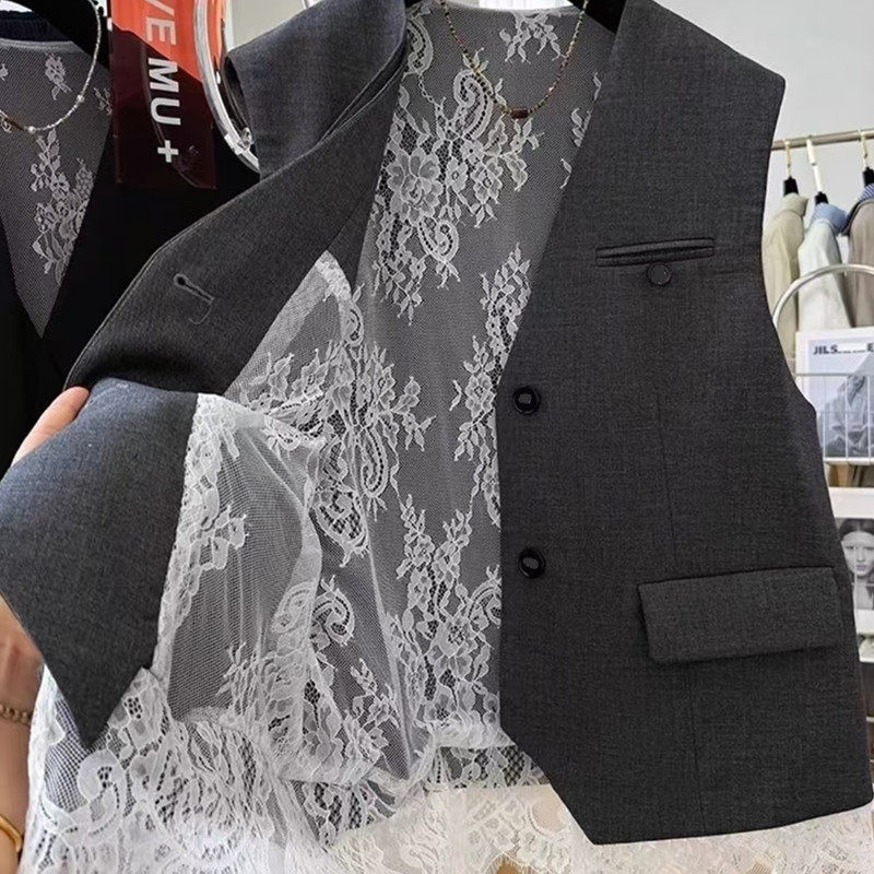 thumbnail for Lace Patchwork Blazer Vest for Women 2026 Spring and Autumn New Fashion Versatile Sleeveless Waistcoat V-Neck Vest Jacket for Women