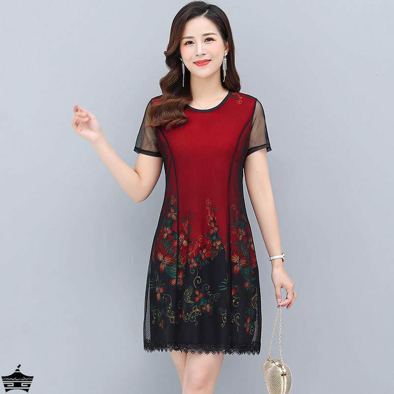 矮个子妈妈连衣裙夏40-50岁中老年女高贵短款遮肚显瘦短袖裙子新