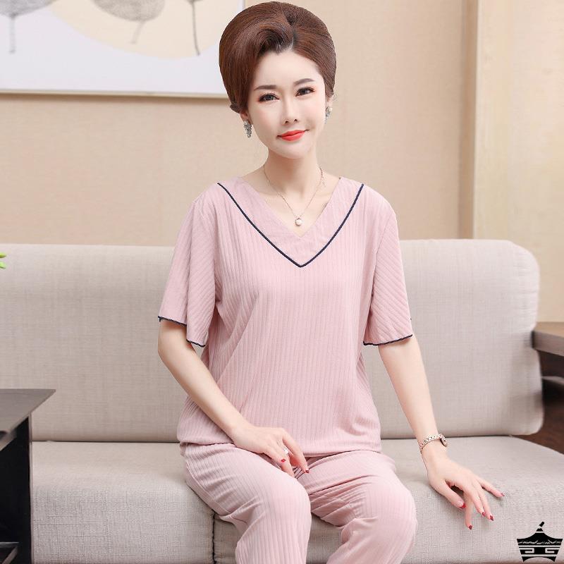 夏季女莫代尔睡衣妇女短袖长裤套装中老年妈妈大码冰丝休闲家居服