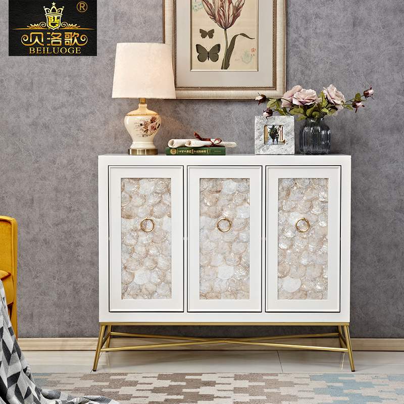 9U美式轻奢餐边柜客厅不锈钢现代储物柜白色柜子简约实木贝壳玄关