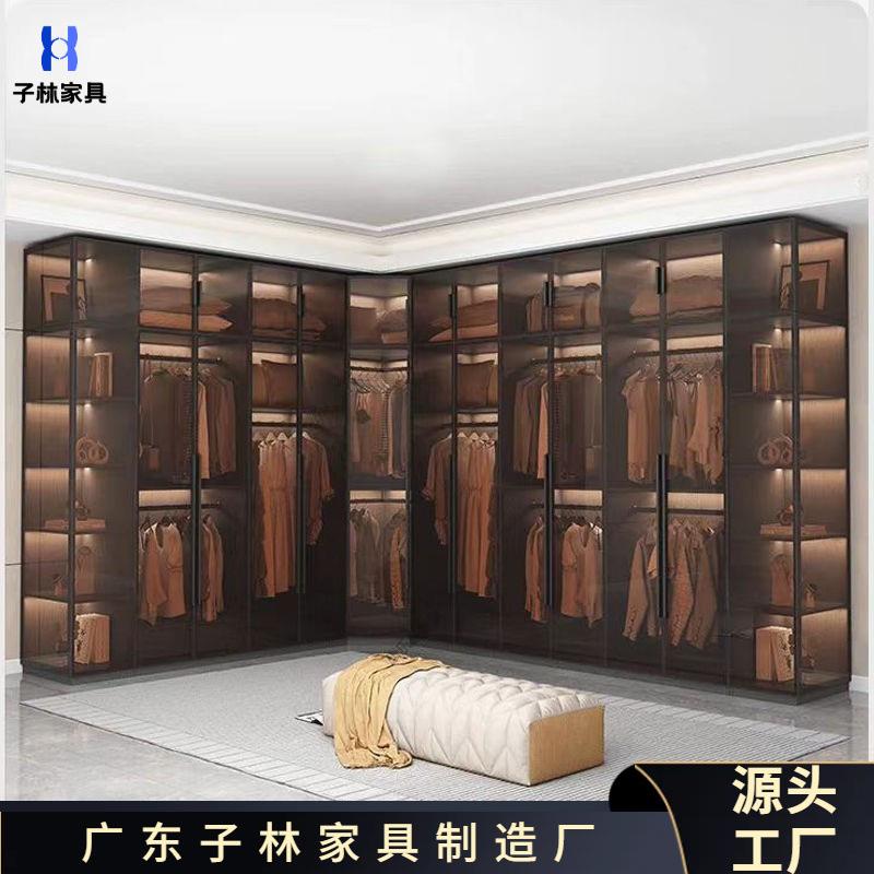 衣柜家用卧室一门到顶L型衣帽间梳妆台一体柜子转角大衣橱玻璃门