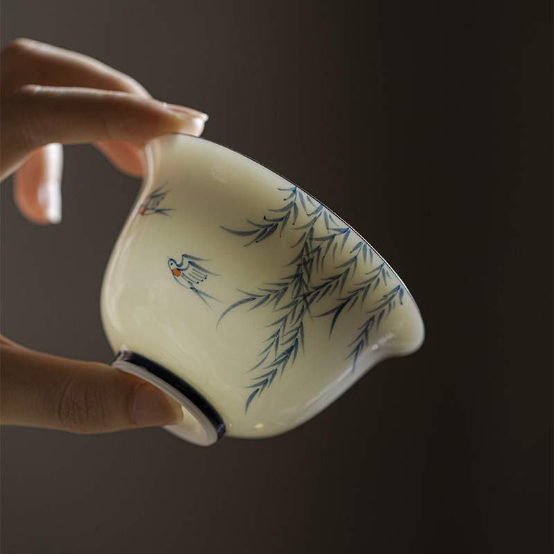 青己 玉瓷手绘青花陶瓷盖碗 新中式家用泡茶碗 燕归来福灵盖碗