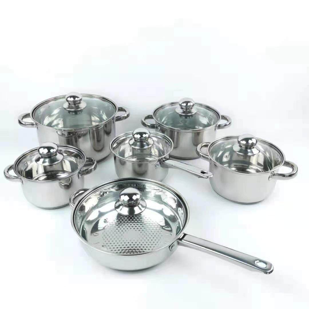 不锈钢炊具套装12PCS汤锅奶锅煎锅水壶平底锅复底锅具出口不粘锅