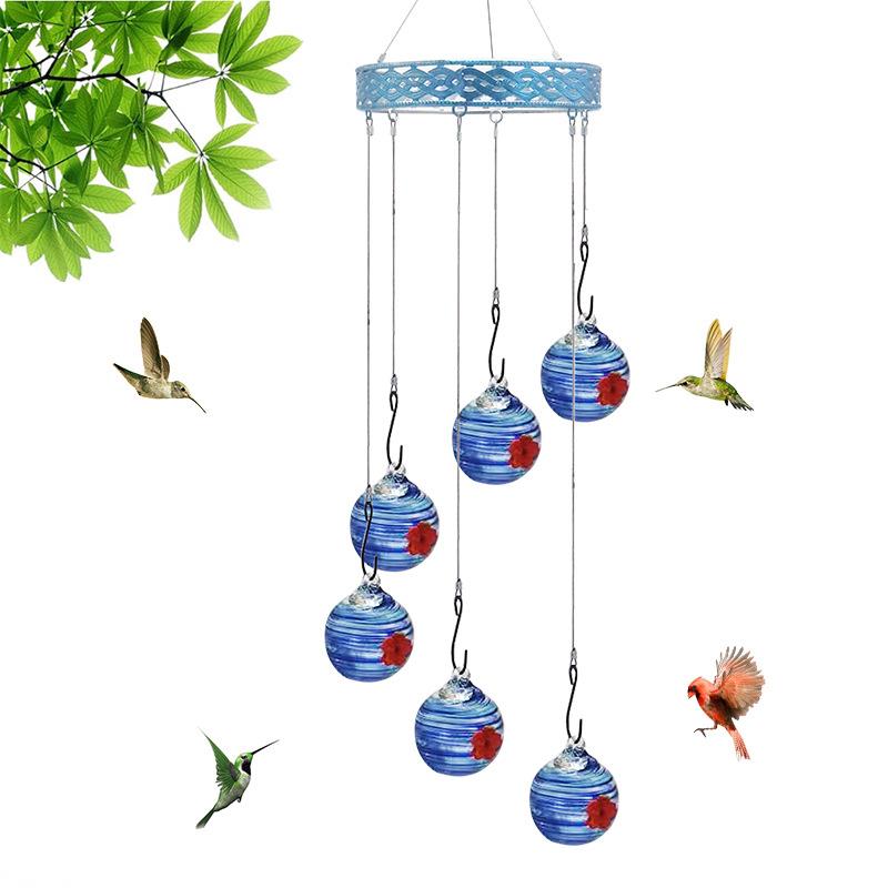 新品户外悬挂式铁艺风铃琉璃玻璃蜂鸟喂水器防蚂蚁小鸟喂鸟器