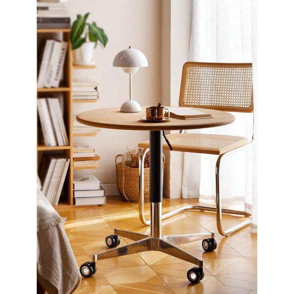 北欧樱桃木边桌边几带轮移动实木升降小茶几中古风家用客厅小圆桌