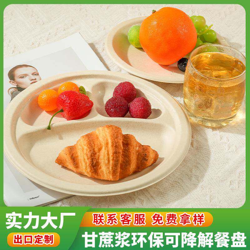 甘蔗渣餐盘一次性可降解餐盒分格加厚商用饭店餐盘