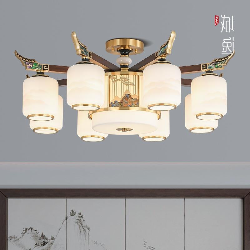 全铜新中式客厅吊灯黑胡桃实木风江山大气别墅餐厅吸顶灯